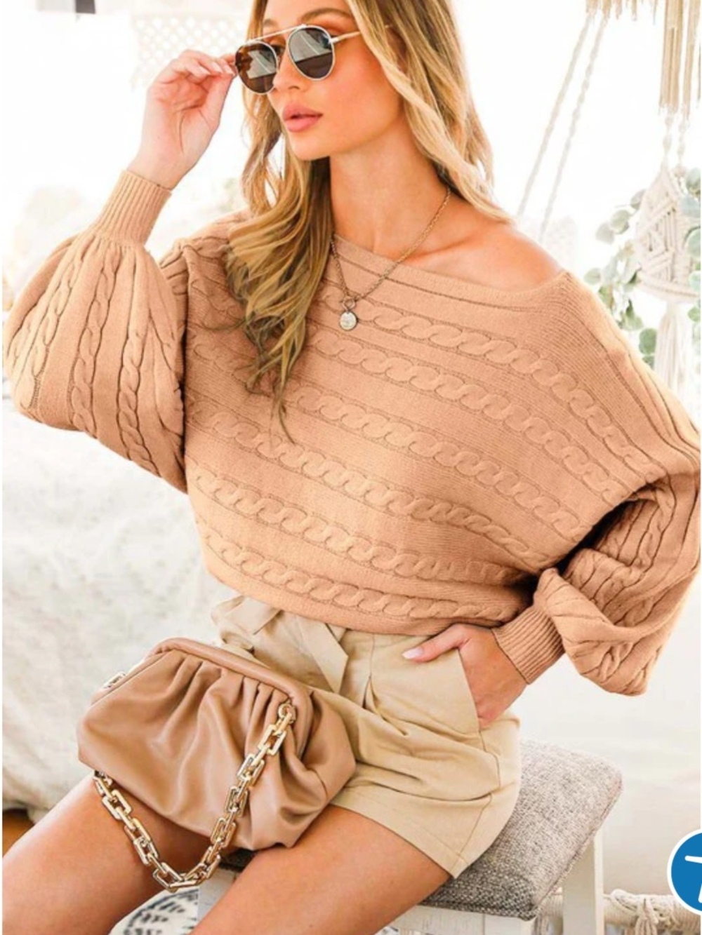 EUC Vine & Love Womens Small Mocha Dolman Sleeve Cable Knit Boatneck Sweater